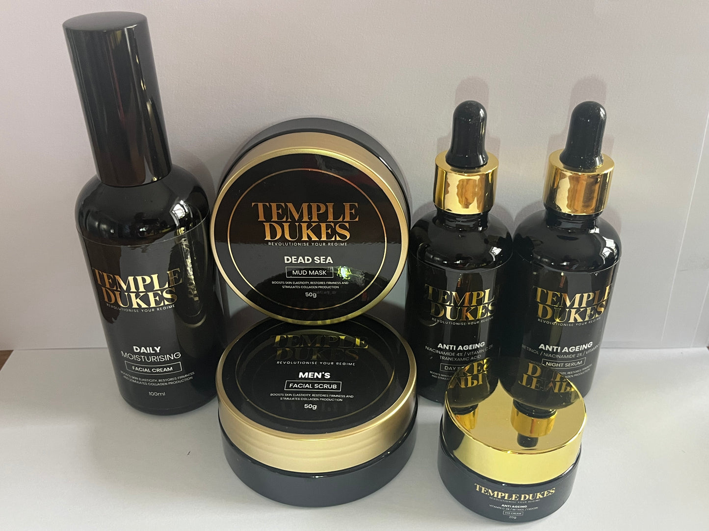 The Duke’s Regimen: Face scrub, mud mask, day and night serum, eye cream and face lotion
